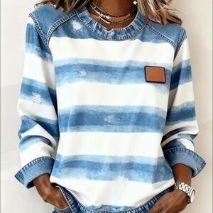 Blue and White Striped Faux Denim Top